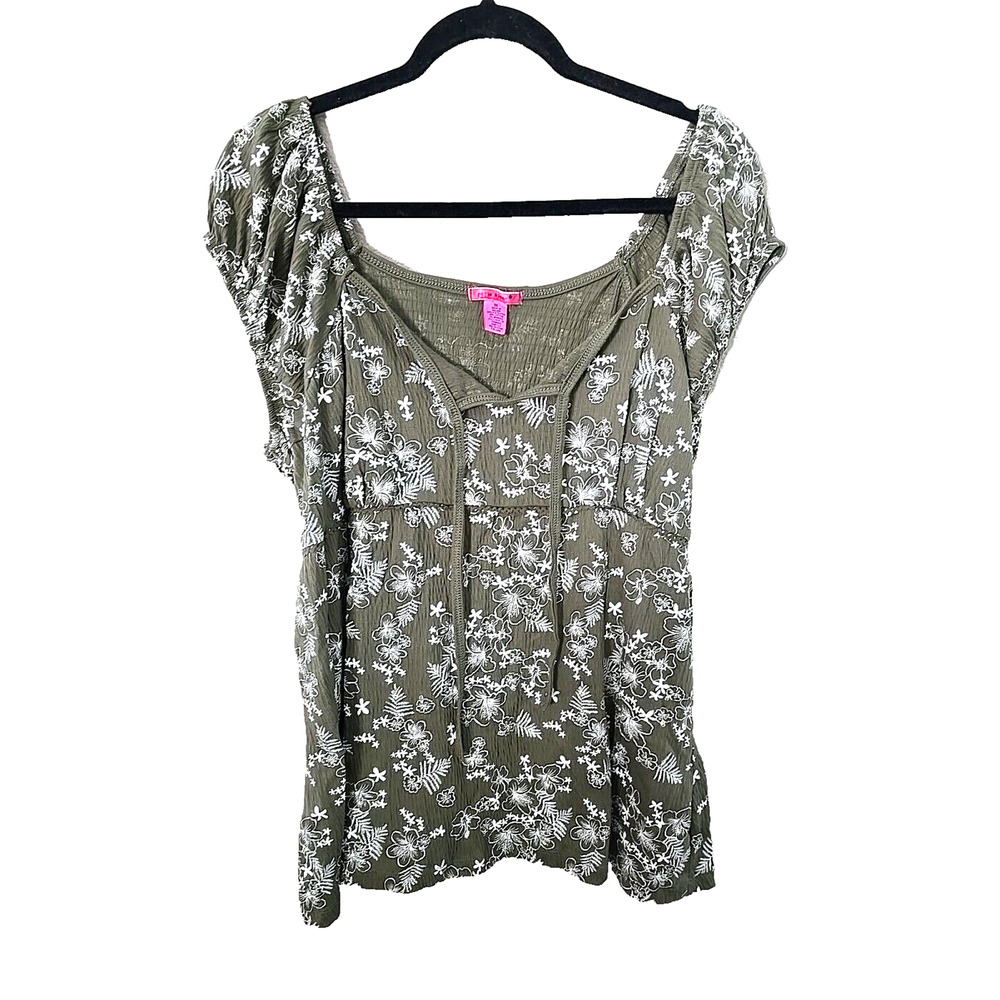 Paris Blues Y2K Green Floral Print Tie Back Boho‎ Babydoll Top Womans Size 3X